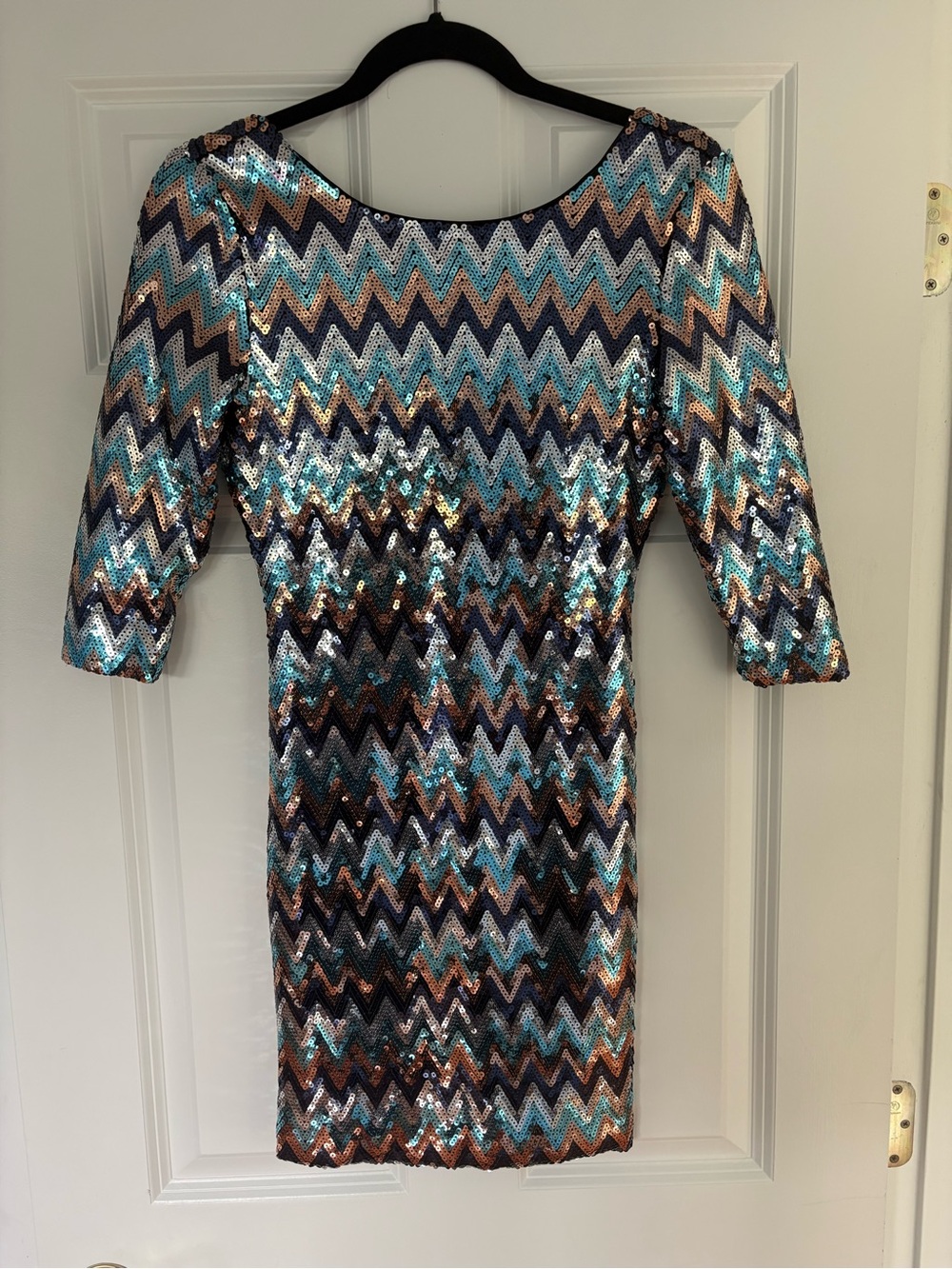 As U Wish Sequin Chevron Mini Dress in Teal, Copper & Navy